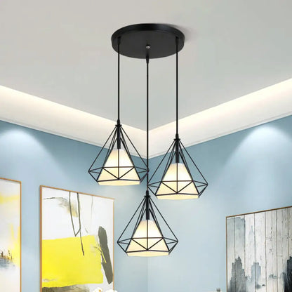 Industrial Black Pendant Light with Diamond Cage Shade - Hanging Ceiling Lamp for Dining Room - 3 Heads