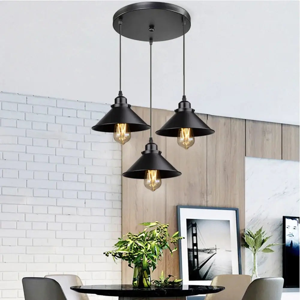 Industrial black pendant light with three conical shades and edison bulbs for kitchen decorbites industrial black design
