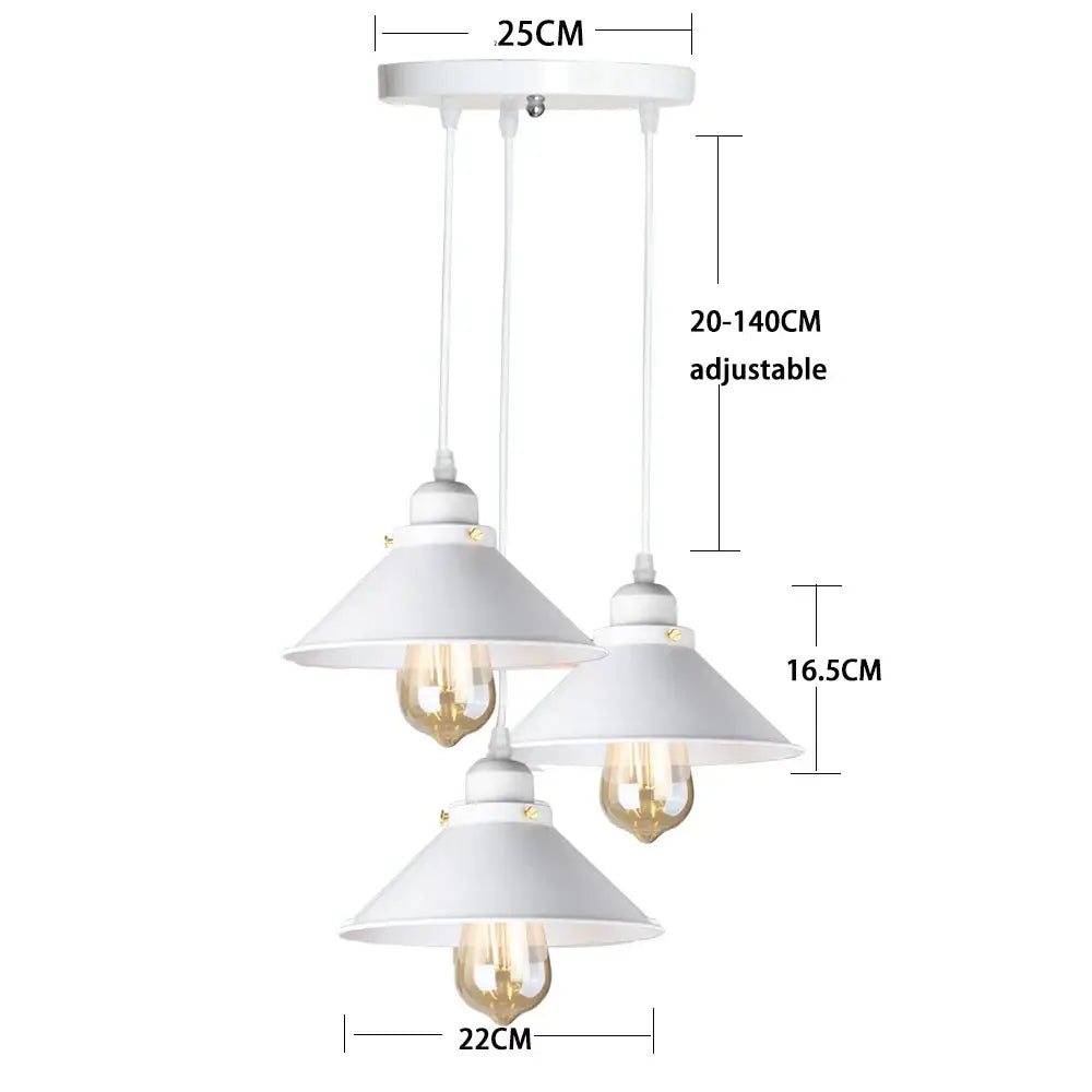 White industrial-style pendant light with three conical shades and exposed Edison bulbs for decorbites industrial black pendant light
