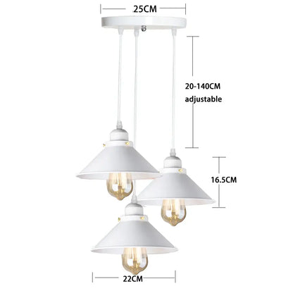 White industrial-style pendant light with three conical shades and exposed Edison bulbs for decorbites industrial black pendant light