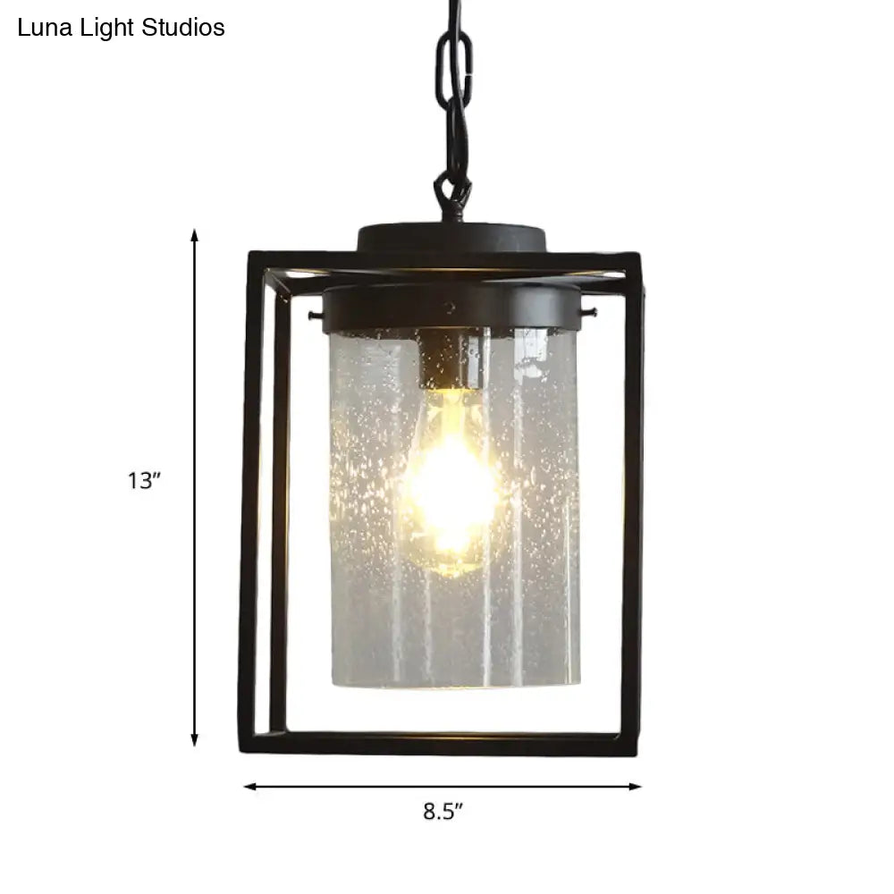 Industrial Black Pendant Light with Seeded Glass Cylinder for Indoor Spaces - Includes Cage