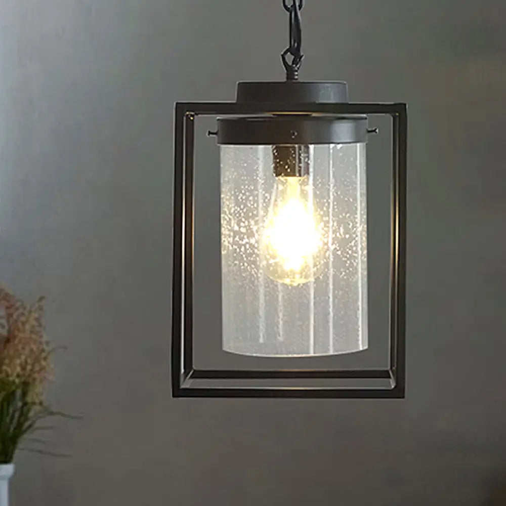 Industrial Black Pendant Light with Seeded Glass Cylinder for Indoor Spaces - Includes Cage