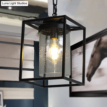 Industrial Black Pendant Light with Seeded Glass Cylinder for Indoor Spaces - Includes Cage