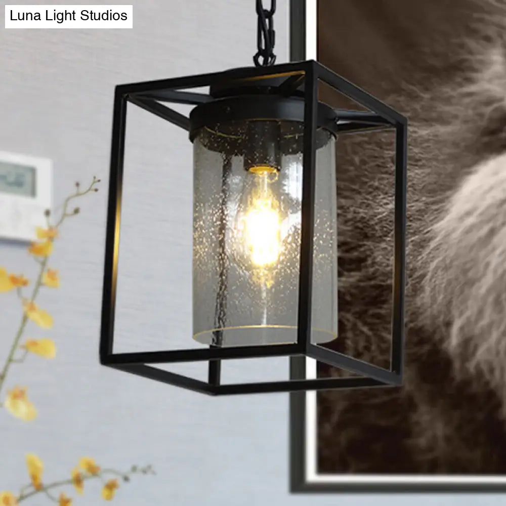 Industrial Black Pendant Light with Seeded Glass Cylinder for Indoor Spaces - Includes Cage