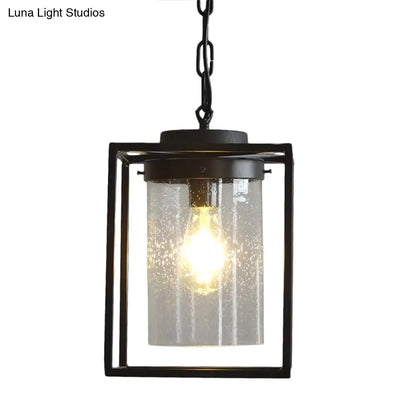 Industrial Black Pendant Light with Seeded Glass Cylinder for Indoor Spaces - Includes Cage