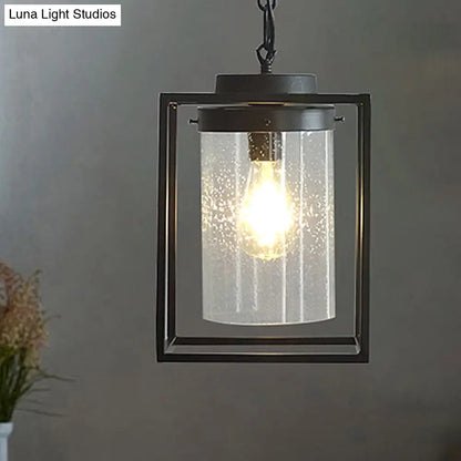 Industrial Black Pendant Light with Seeded Glass Cylinder for Indoor Spaces - Includes Cage