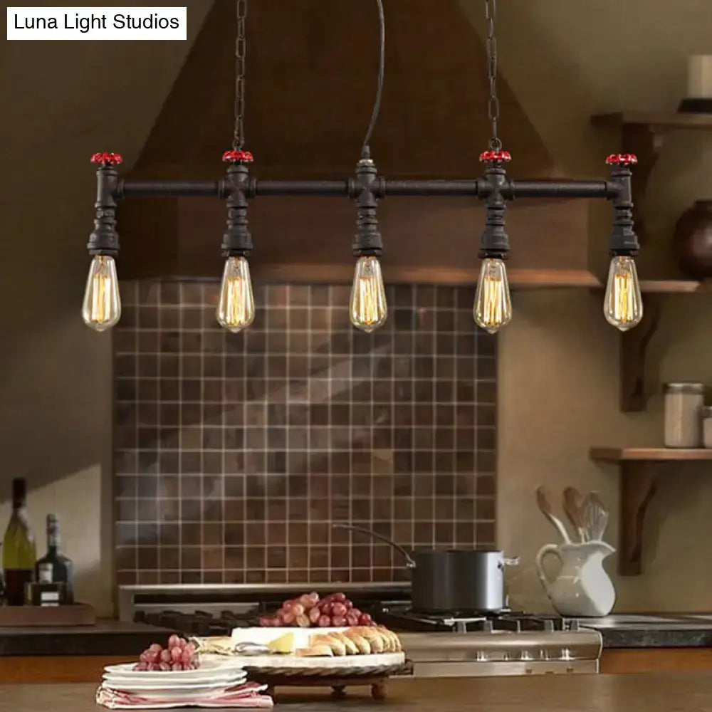 DecorBites™ industrial 5-head black iron ceiling light with exposed filament bulbs and adjustable chain cord length