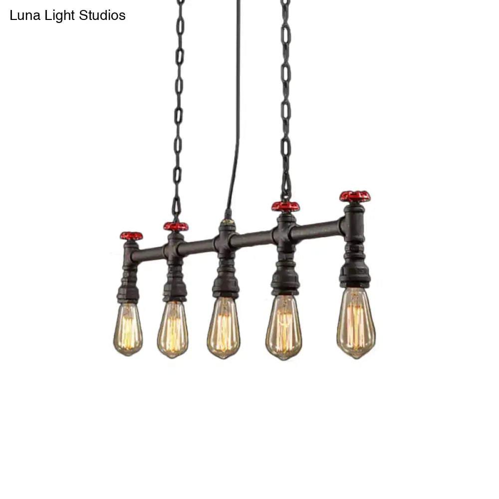 Decorbites industrial 5-head iron ceiling light with black pipes red valve caps and adjustable chain cord length for dining room