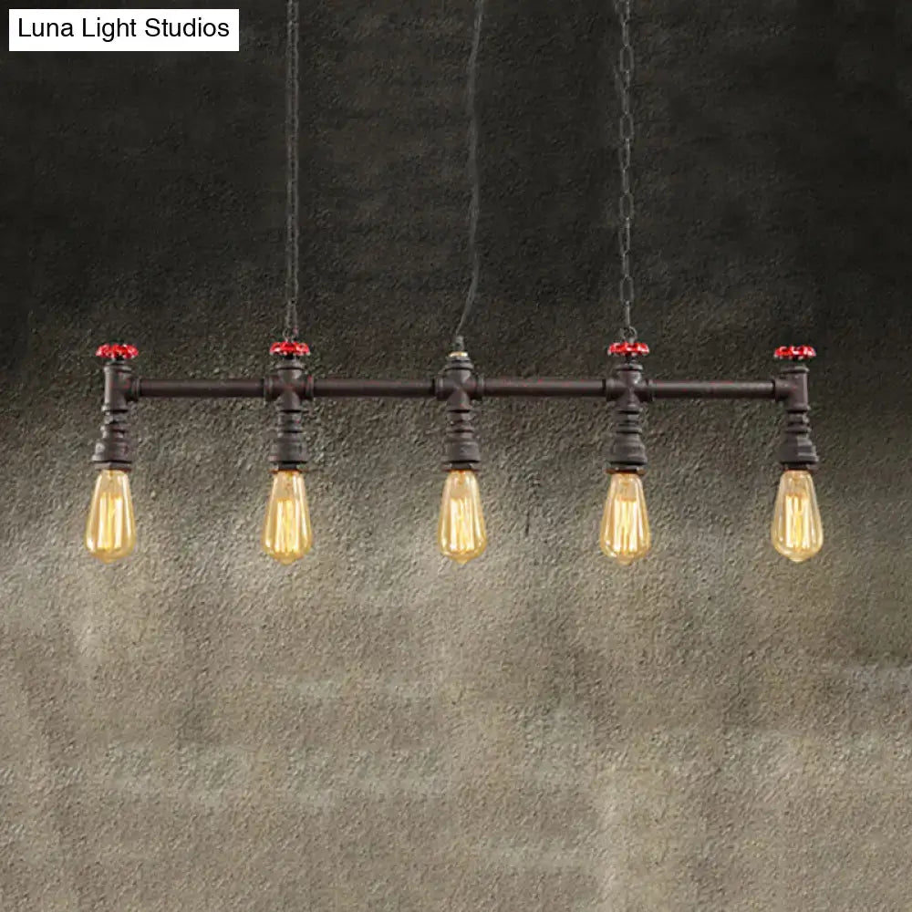 DecorBites™ industrial black iron pipe ceiling light with five amber bulbs, red valve caps, and adjustable chain cord length