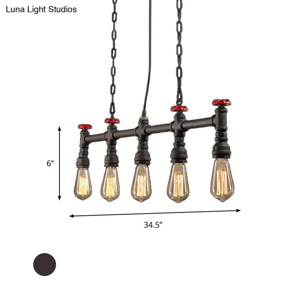 DecorBites industrial 5-head black iron pipe ceiling light with exposed bulbs red valve caps and adjustable chain cord length