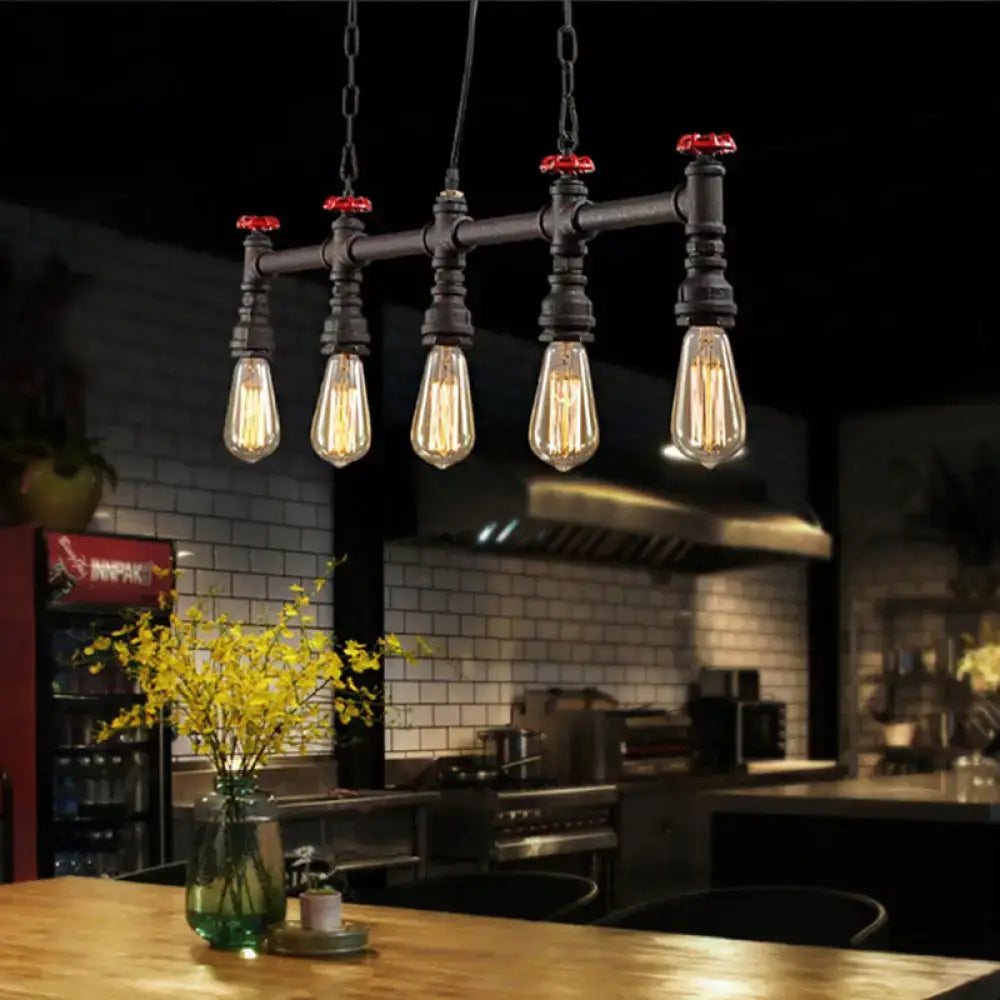 Decorbites industrial 5-head black iron pipe ceiling light with exposed bulbs red valve caps and adjustable chain cord length