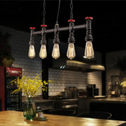 Decorbites industrial 5-head black iron pipe ceiling light with exposed bulbs red valve caps and adjustable chain cord length