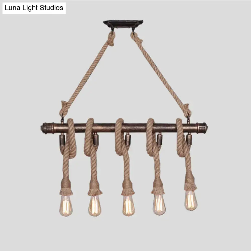 Industrial black pipe and rope chandelier with dark bronze bar and five edison bulbs for linear restaurant island lighting