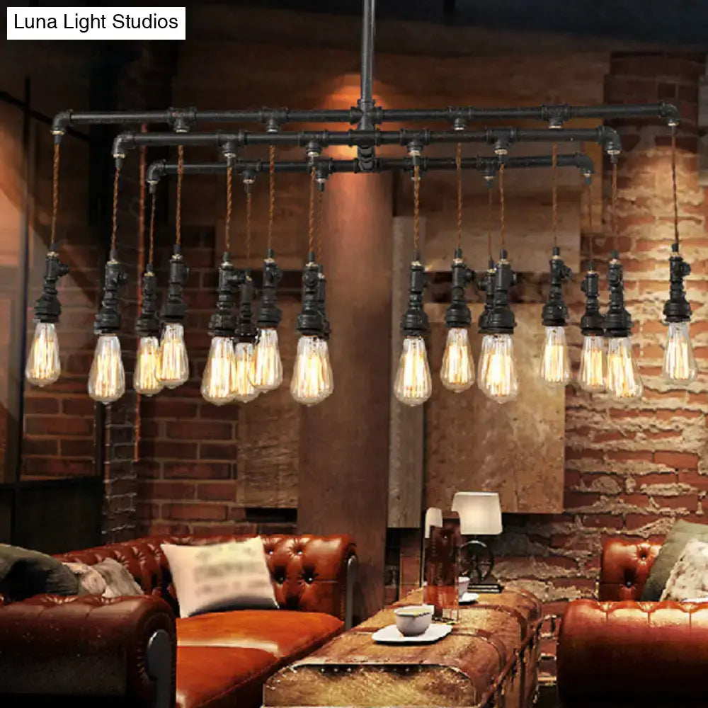 Industrial black pipe led chandelier with multiple exposed filament bulbs hanging from braided cords for dining room island light