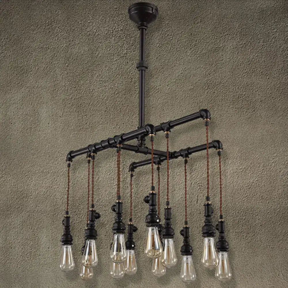 Industrial black pipe led chandelier with exposed filament bulbs and braided cords for dining room island lighting