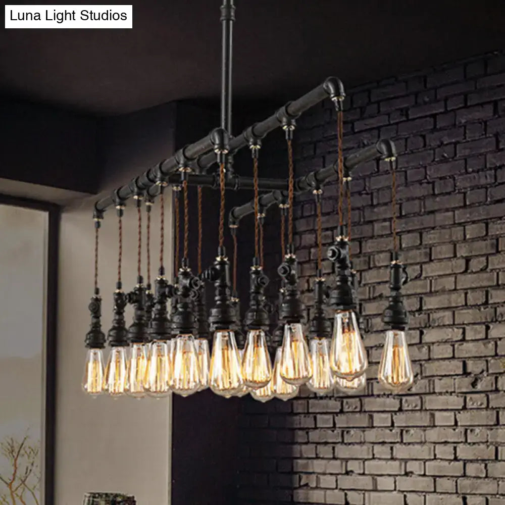Industrial black pipe LED chandelier with multiple glowing filament bulbs for dining room island lighting