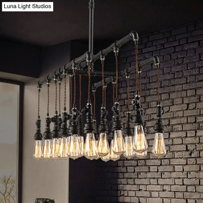 Industrial black pipe LED chandelier with multiple glowing filament bulbs for dining room island lighting