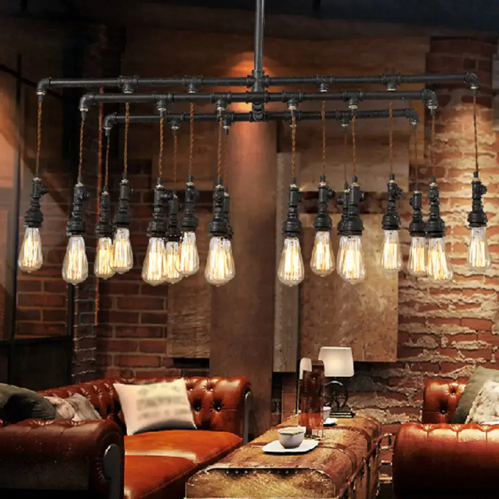 Industrial black pipe LED chandelier featuring multiple exposed filament bulbs for dining room island lighting