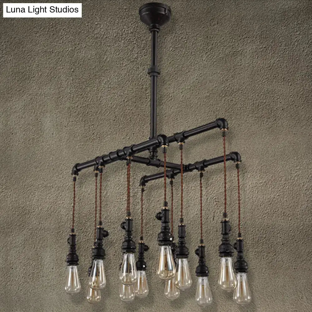 Industrial black pipe led chandelier with clear glass filament bulbs and brown braided cords for dining room island light