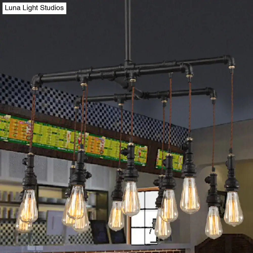 Industrial black pipe led chandelier with multiple exposed filament bulbs for dining room island lighting
