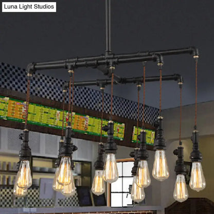 Industrial black pipe led chandelier with multiple exposed filament bulbs for dining room island lighting