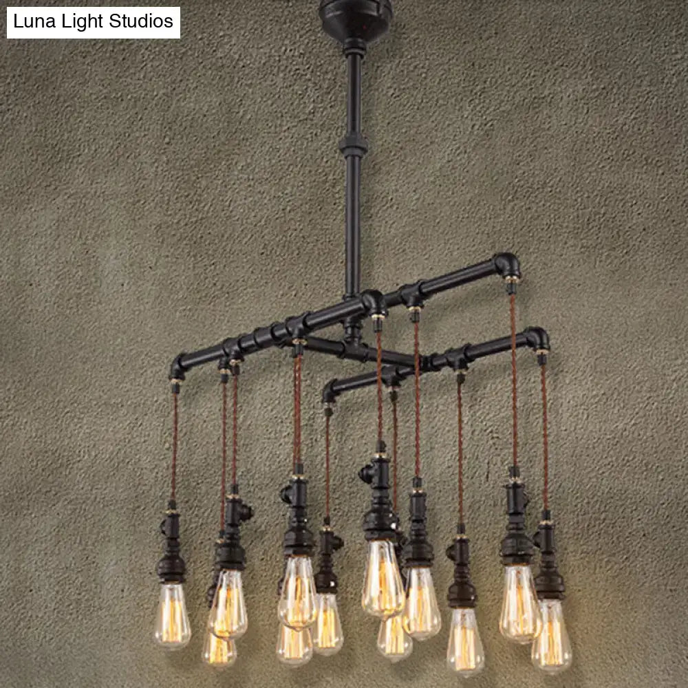Industrial black pipe led chandelier with multiple exposed filament bulbs hanging from braided cords for dining room island light