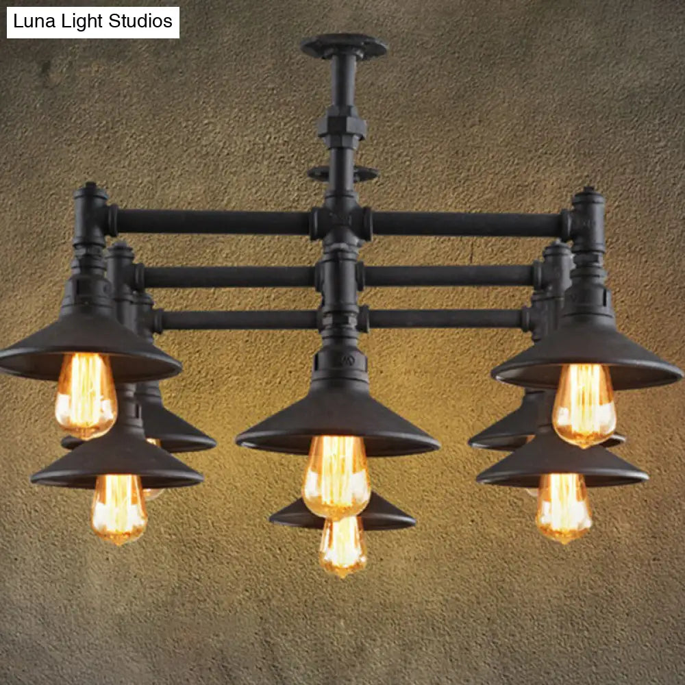 Industrial Black Piping Chandelier with Conical Lampshade & Iron Finish