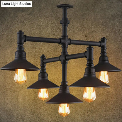 Industrial Black Piping Chandelier with Conical Lampshade & Iron Finish