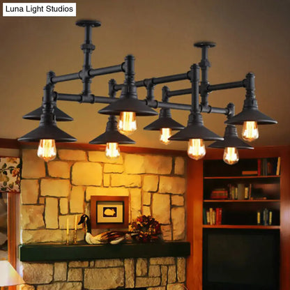 Industrial Black Piping Chandelier with Conical Lampshade & Iron Finish