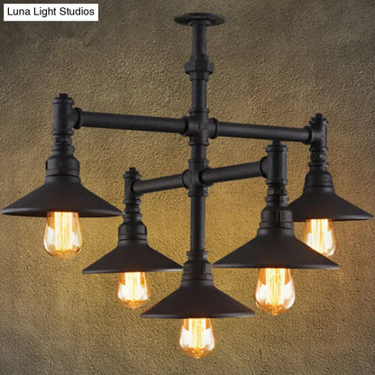 Industrial Black Piping Chandelier with Conical Lampshade & Iron Finish