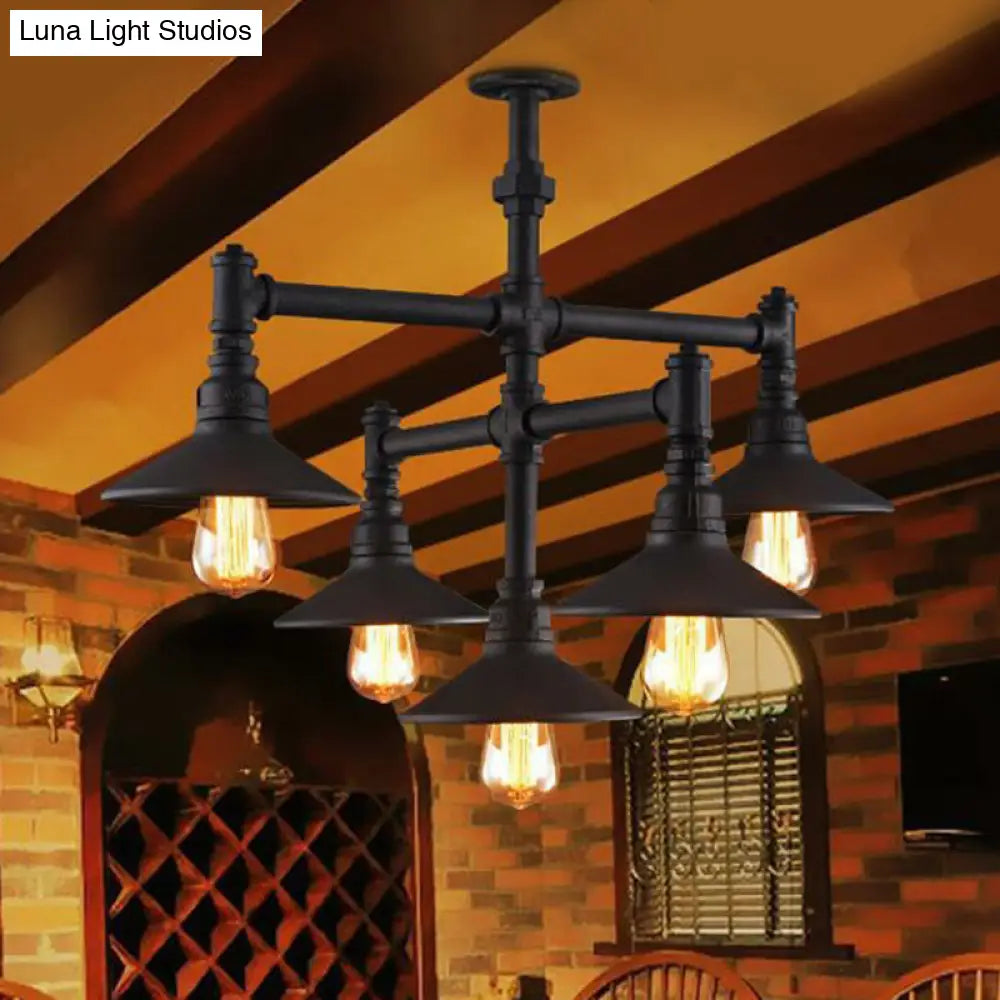 Industrial Black Piping Chandelier with Conical Lampshade & Iron Finish