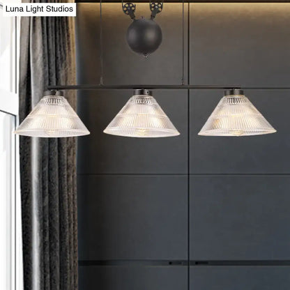 Decorbites adjustable pulley industrial cone pendant island lamp in black with three prismatic glass lights