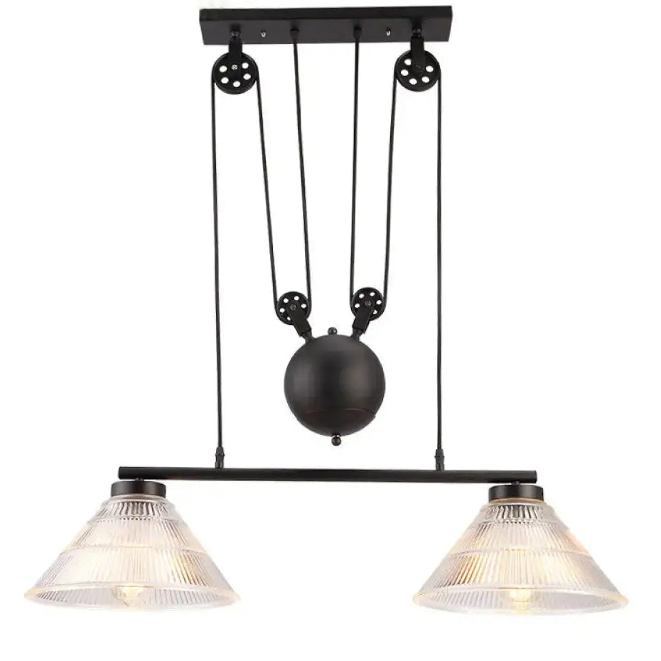 Black metal industrial cone pendant light with adjustable pulley and prismatic glass shades for island lamp use