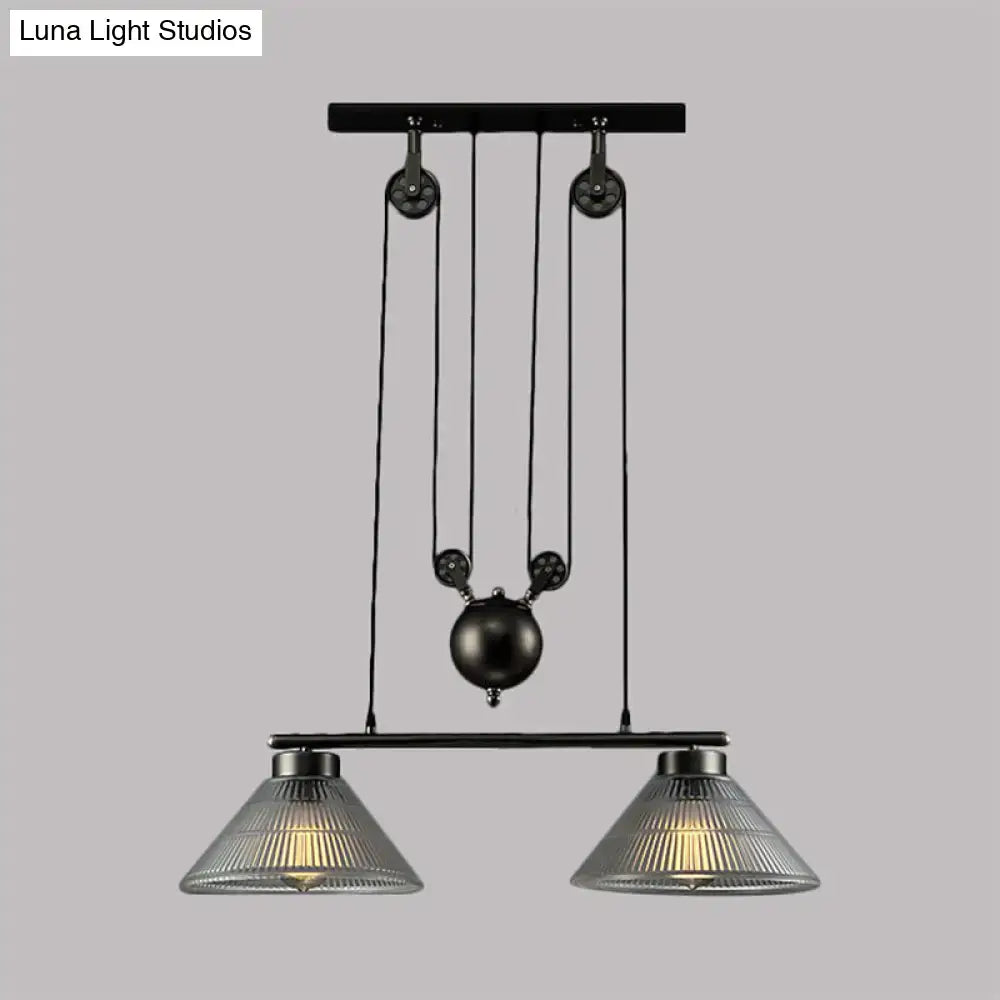 DecorBites™ industrial cone island lamp with adjustable black metal pulley and prismatic ribbed glass shades