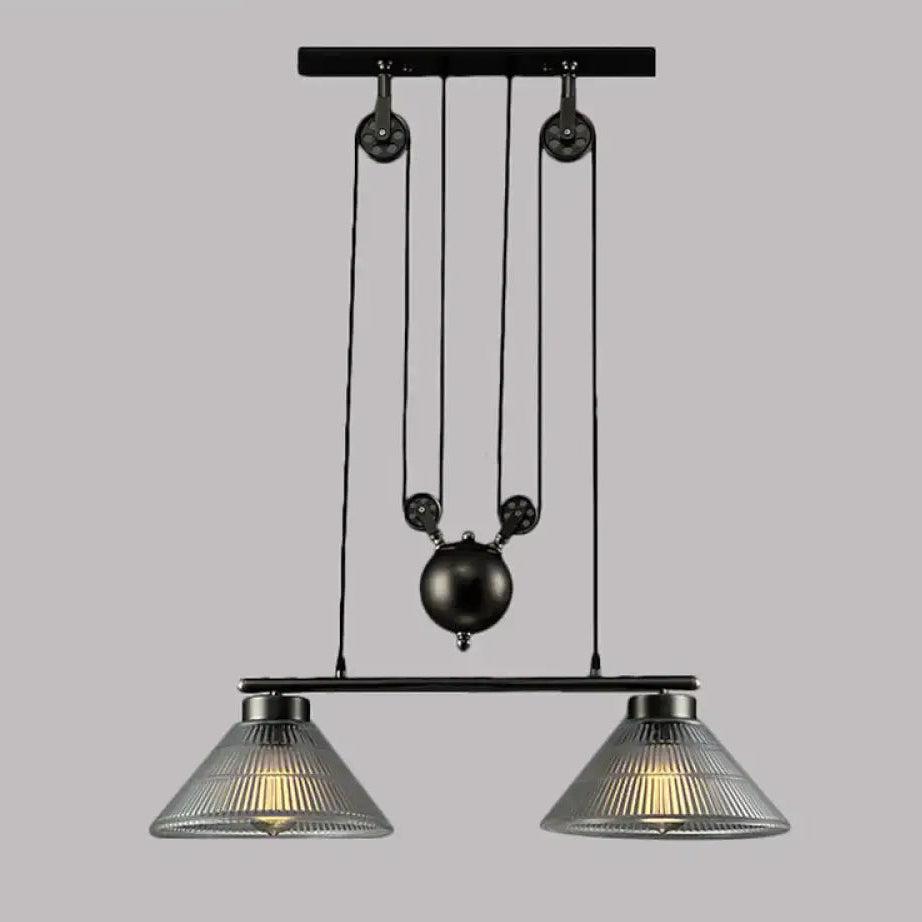 DecorBites™ industrial cone island lamp with adjustable black metal pulley and prismatic ribbed glass shades
