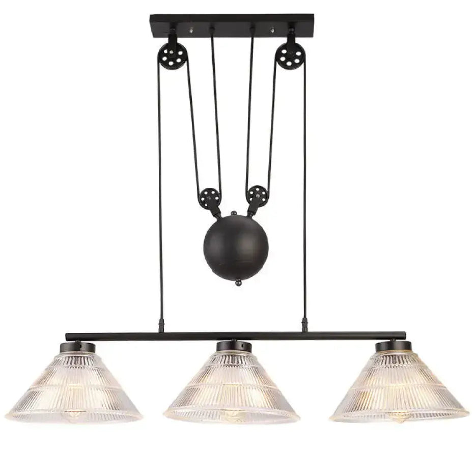 Black industrial cone pendant light with prismatic glass shades and adjustable pulley island lamp by decorbites