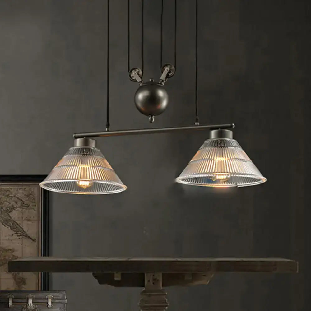 DecorBites industrial cone pendant island lamp with matte black frame and prismatic ribbed glass shades in double light design