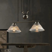 DecorBites industrial cone pendant island lamp with matte black frame and prismatic ribbed glass shades in double light design