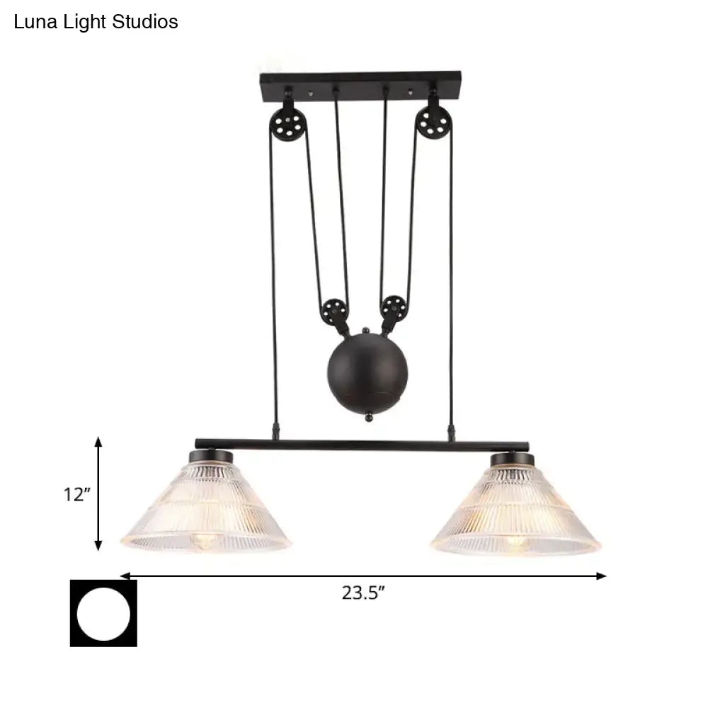 DecorBites™ industrial cone pendant island lamp in black metal with two prismatic glass shades and adjustable pulley system