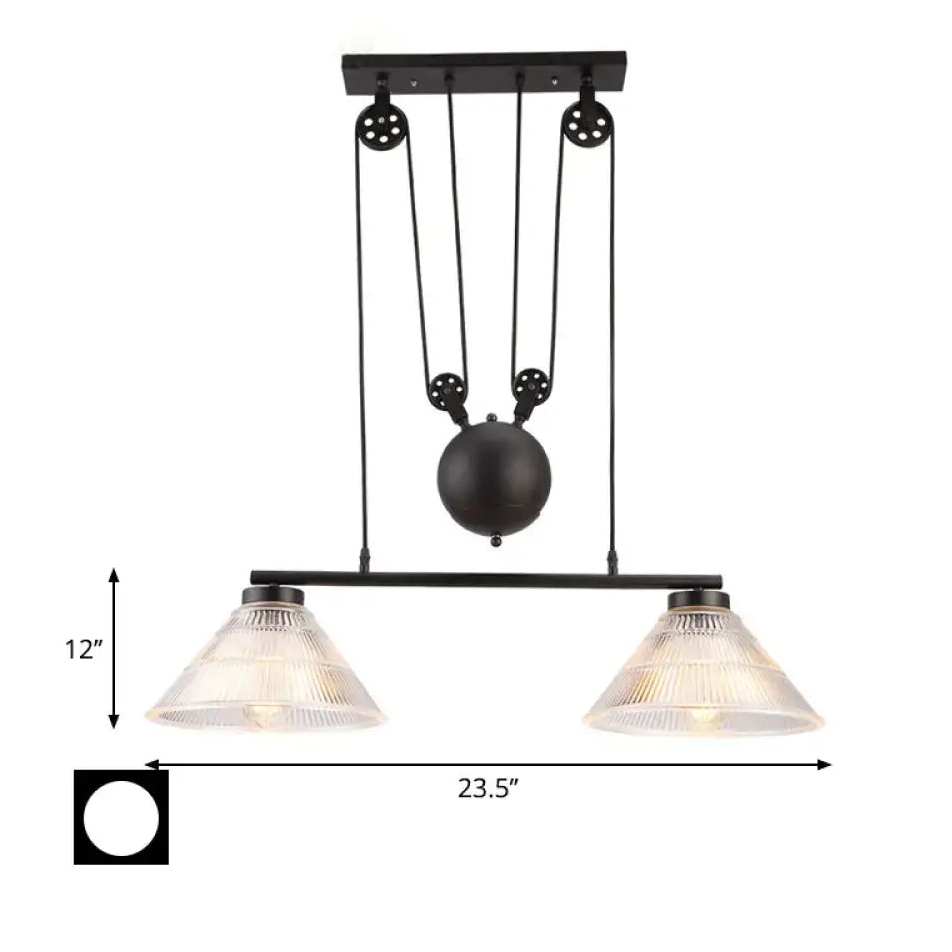 DecorBites™ industrial cone pendant island lamp in black metal with two prismatic glass shades and adjustable pulley system