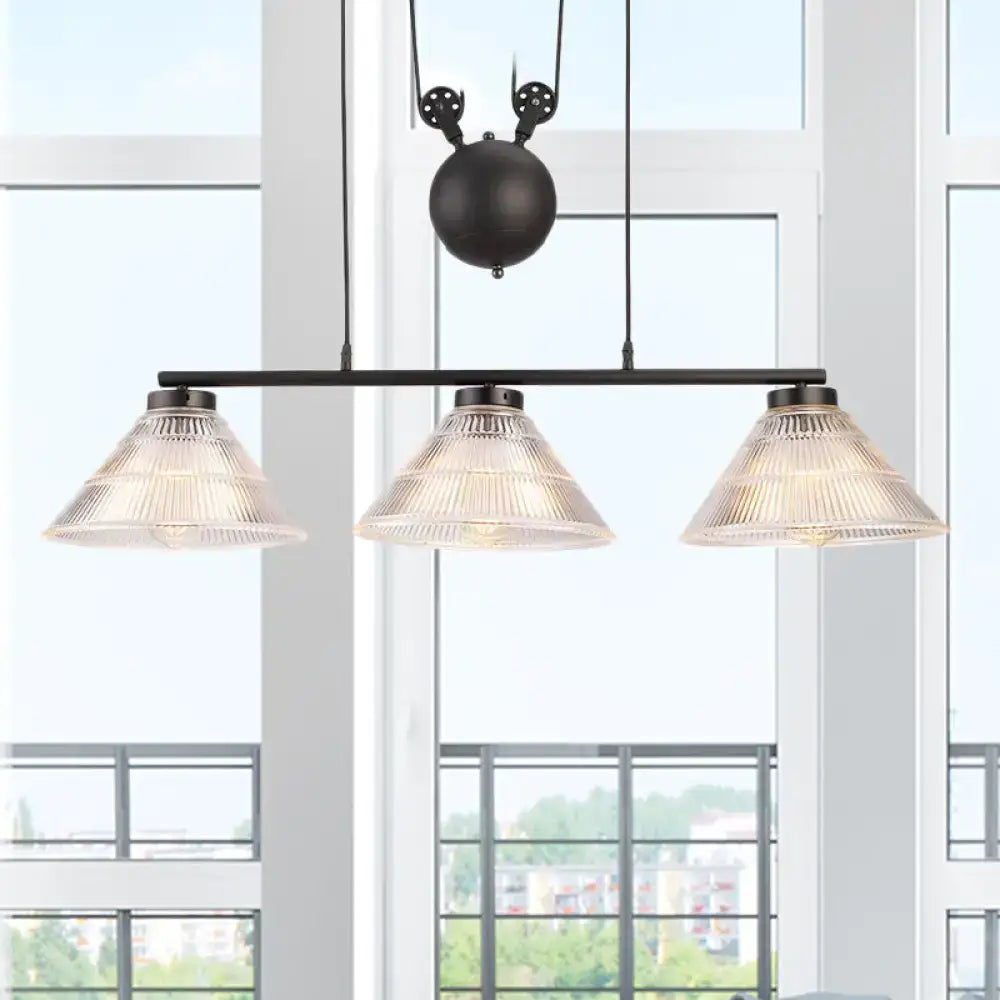 Black metal industrial cone pendant light with three prismatic glass shades for adjustable island lamp lighting