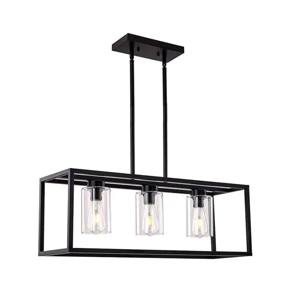 Black metal rectangular pendant light with three clear glass cylinder bulbs for dining room use