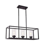 Black metal rectangular pendant light with three clear glass cylinders housing exposed filament bulbs for dining room