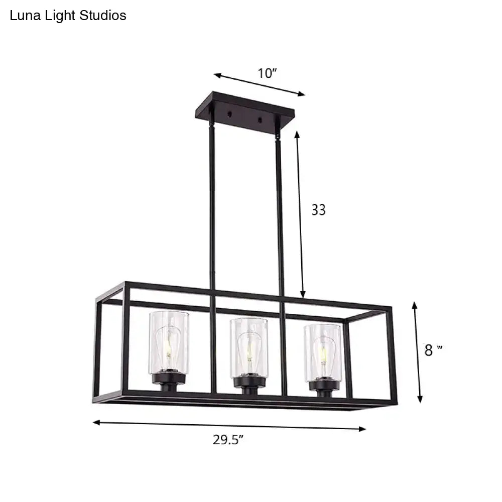 Black metal rectangular pendant light with three clear glass cylinders and exposed filament bulbs for dining room