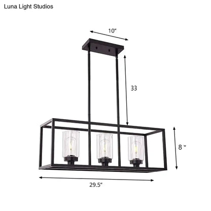 Black metal rectangular pendant light with three clear glass cylinders and exposed filament bulbs for dining room