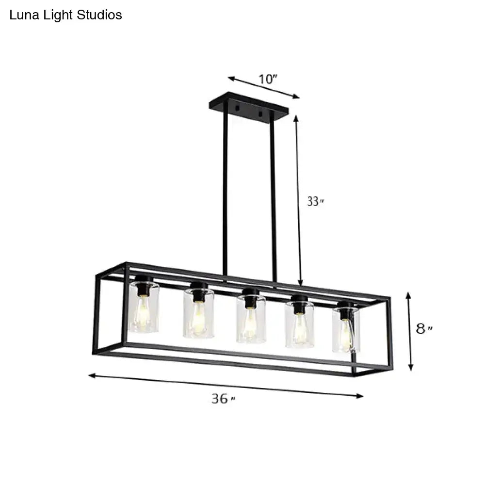 Black metal rectangular chandelier with five clear glass jars holding exposed filament bulbs for dining room use