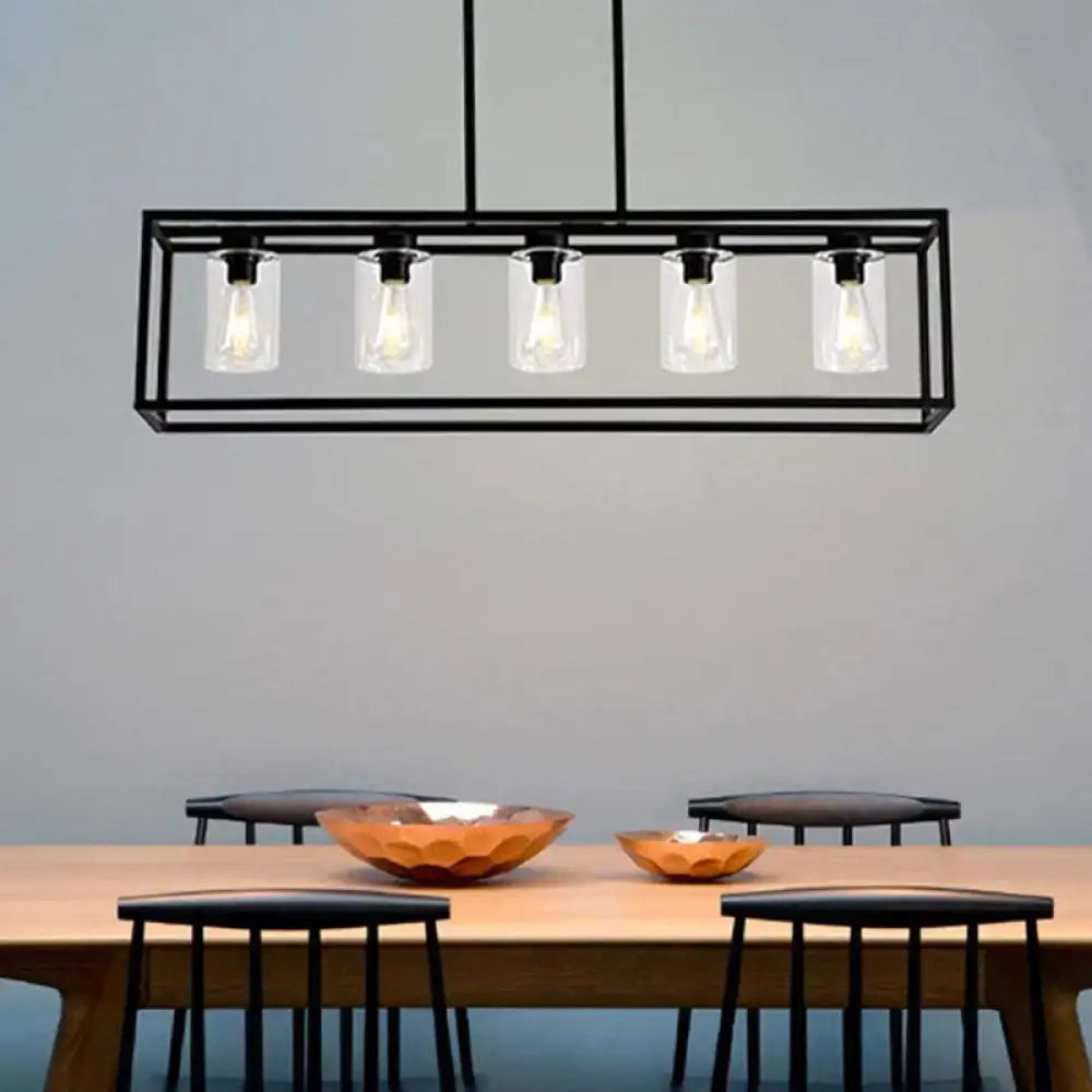 Black metal rectangular pendant light with five clear glass cylinder bulbs for dining room use