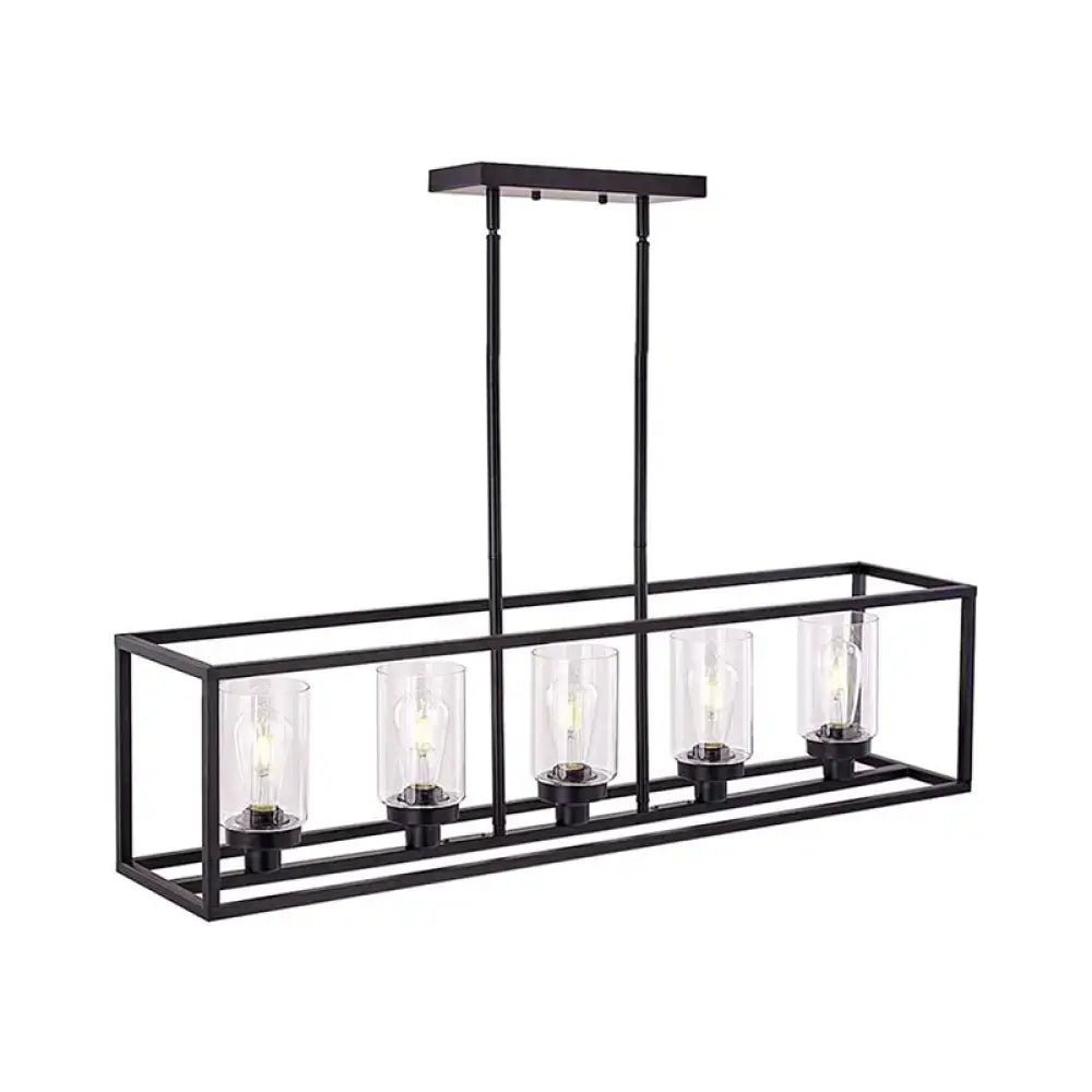 Industrial black rectangular pendant light with five clear glass cylinders and exposed bulbs for dining room use