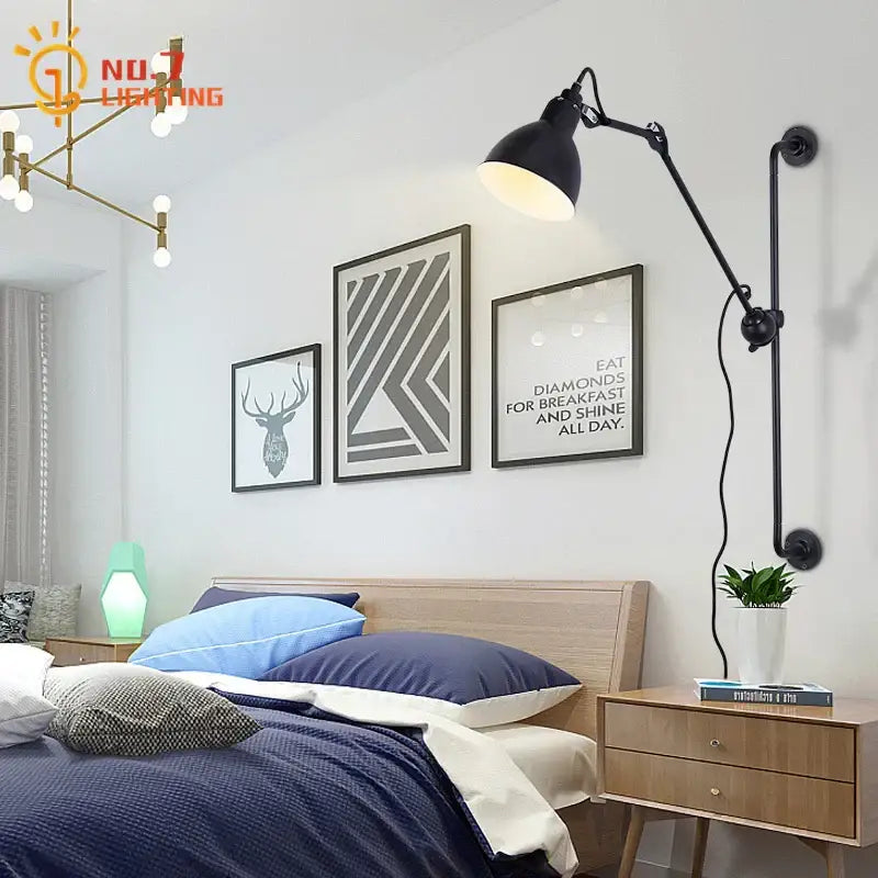 Industrial black wall lamp with matte finish and articulated arm decorbites adjustable rotating led for bedroom decor