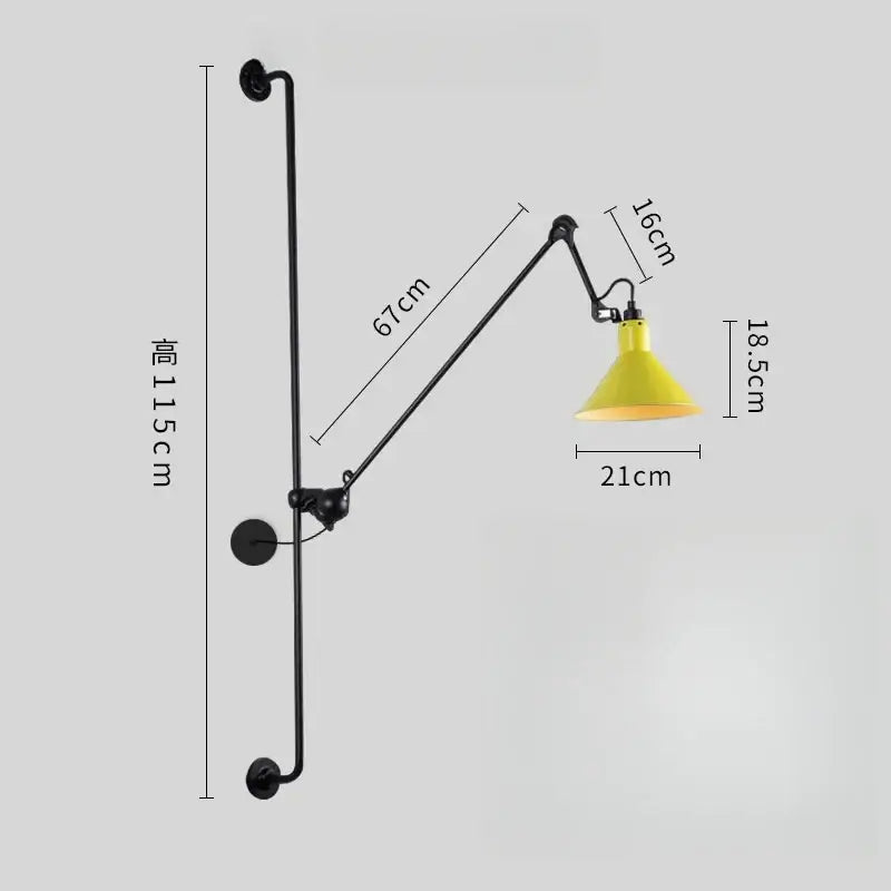 Yellow conical shade wall lamp with black articulated arms and decorbites adjustable rotating led mounting hardware